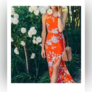 Yumi Kim XS Red Silk Dress Chelsea Floral Maxi w/Slit Racerback / Crew-neck